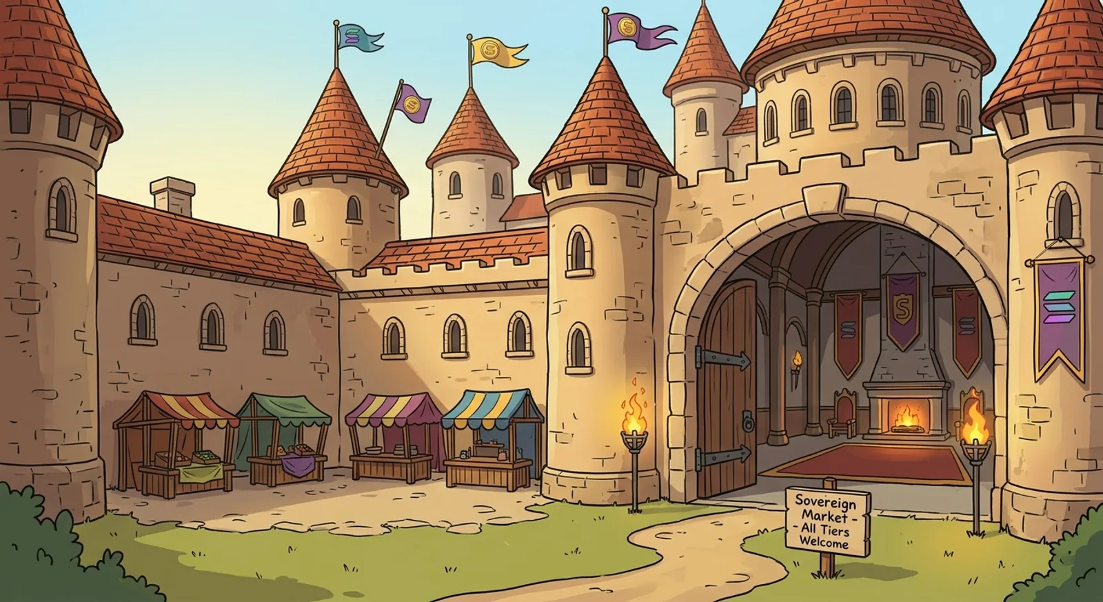 The castle gate of Sovereign: market stalls on the left, the treasury tower and the open gate to the throne room.