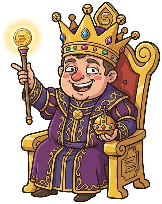 A crowned figure grinning on the golden throne