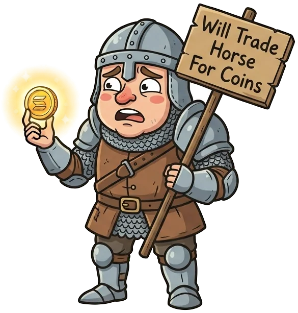 Sir Sell-a-Horse holding a sign: will trade horse for coins